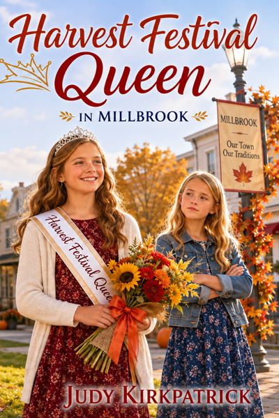 Front cover of Harvest Festival Queen in Millbrook by Judy Kirkpatrick — a girl in a sash and tiara holds a bouquet of sunflowers while her friend looks on under autumn leaves.