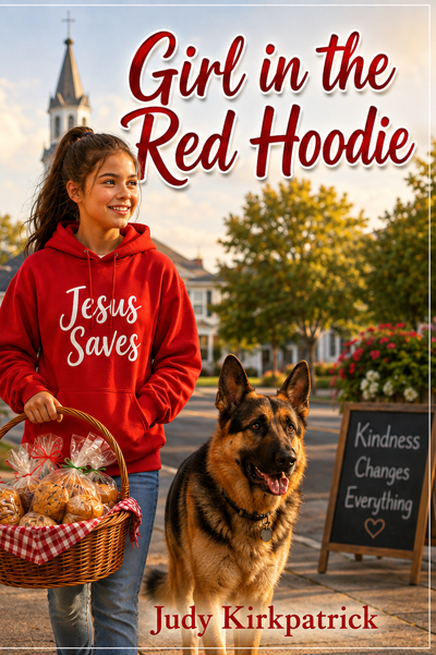 Front cover of Girl in the Red Hoodie by Judy Kirkpatrick — a girl in a red ‘Jesus Saves’ hoodie carries a basket of muffins beside a German Shepherd on a small-town street.