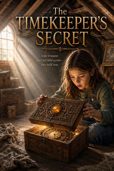 Front cover of The Timekeeper's Secret — a girl kneels in a sunlit attic, opening an ornate carved box that glows from within.