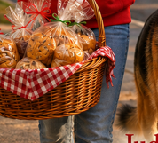 Detail from the cover of Girl in the Red Hoodie — a basket of homemade muffins wrapped for giving.