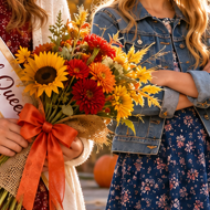 Detail from the cover of Harvest Festival Queen in Millbrook — a bouquet of sunflowers and autumn blooms tied with an orange ribbon.