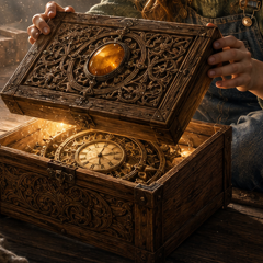 Detail from the cover of The Timekeeper's Secret — an ornately carved wooden box, open and glowing, with a clock face inside.