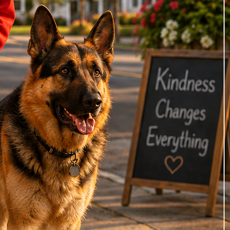 Detail from the cover of Girl in the Red Hoodie — Grace's German Shepherd beside a chalkboard sign reading ‘Kindness Changes Everything’.