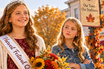 Detail from the cover of Harvest Festival Queen in Millbrook — Leah in her sash and tiara beside Ella, under a ‘Millbrook: Our Town, Our Traditions’ banner.