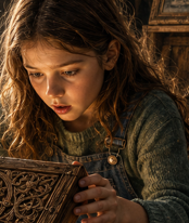 Detail from the cover of The Timekeeper's Secret — Lily's face lit by the glow of the open box.