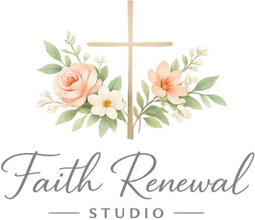 The Faith Renewal Studio logo — a watercolor cross wrapped in roses, blossoms, and sage greenery.